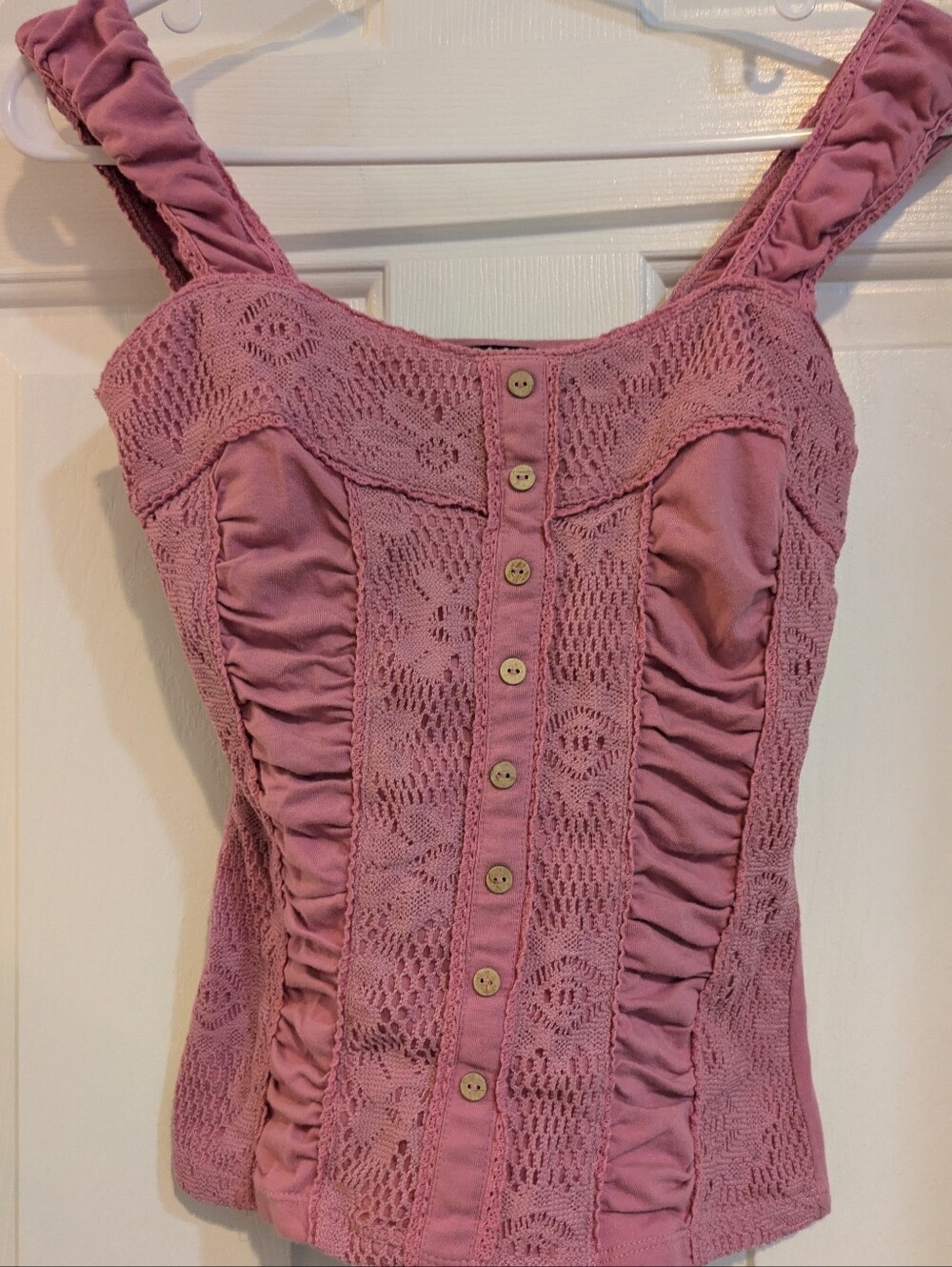 FANG Mauve Lace-Panel Ruched Button Tank